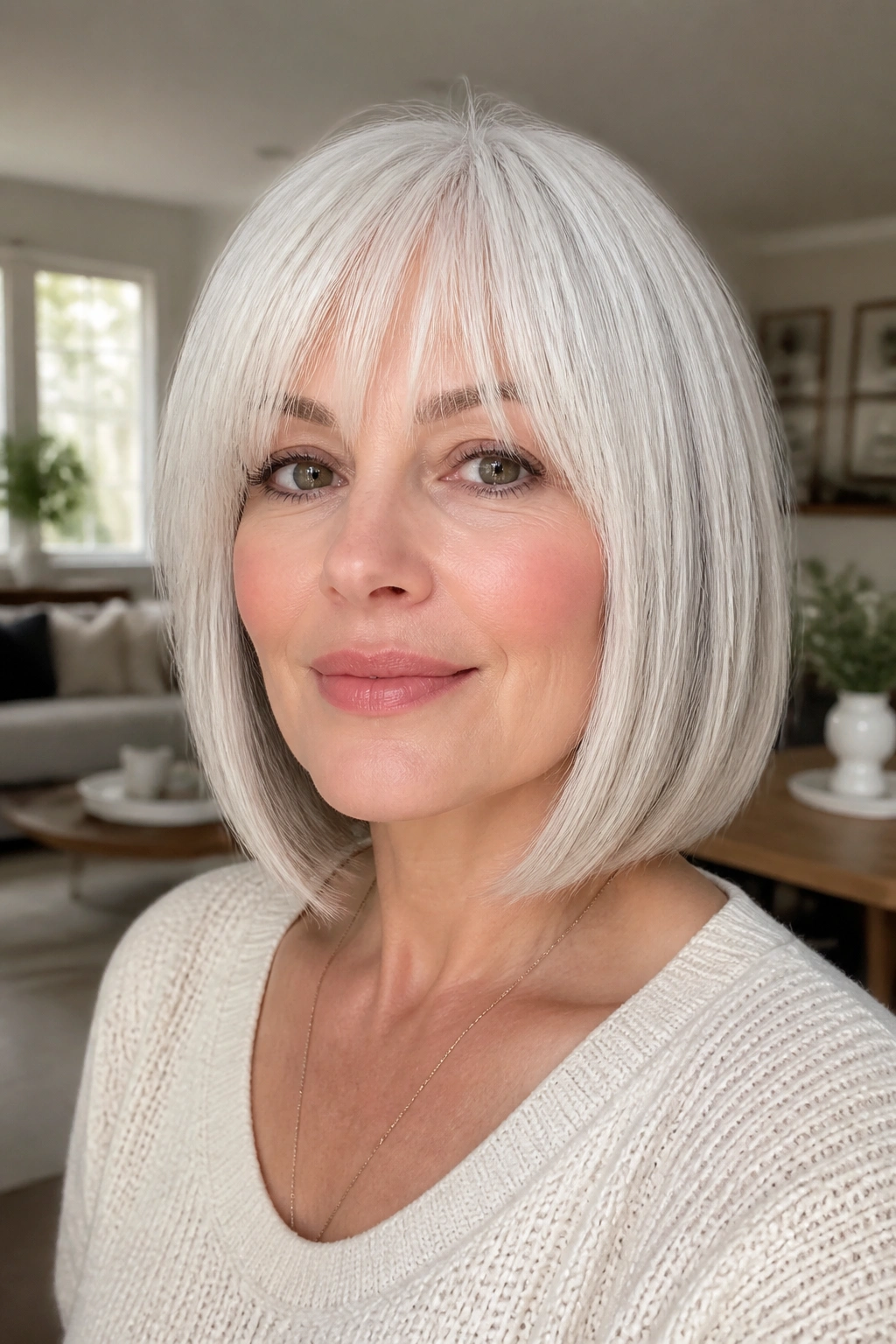 Portrait of a real woman with white bangs and a bob in a sunlit living room