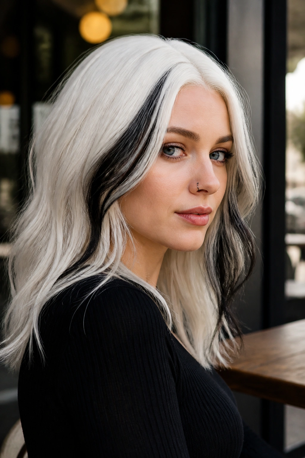 Close-up of a real woman with white base hair and black front panels at the temples.