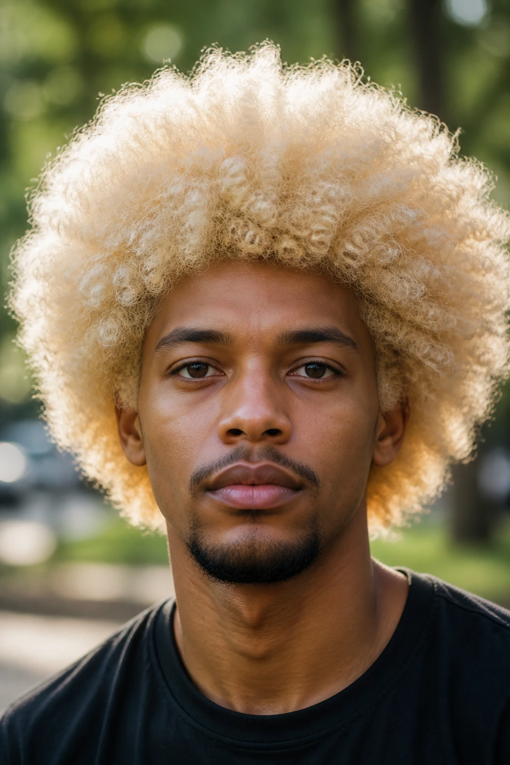 Portrait of a man with a white blonde afro in a sunlit park