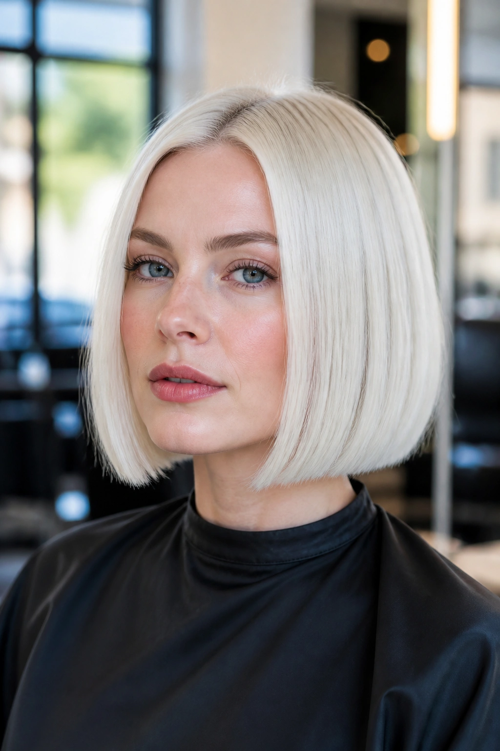 Close-up portrait of a real woman with a blunt white blonde bob.
