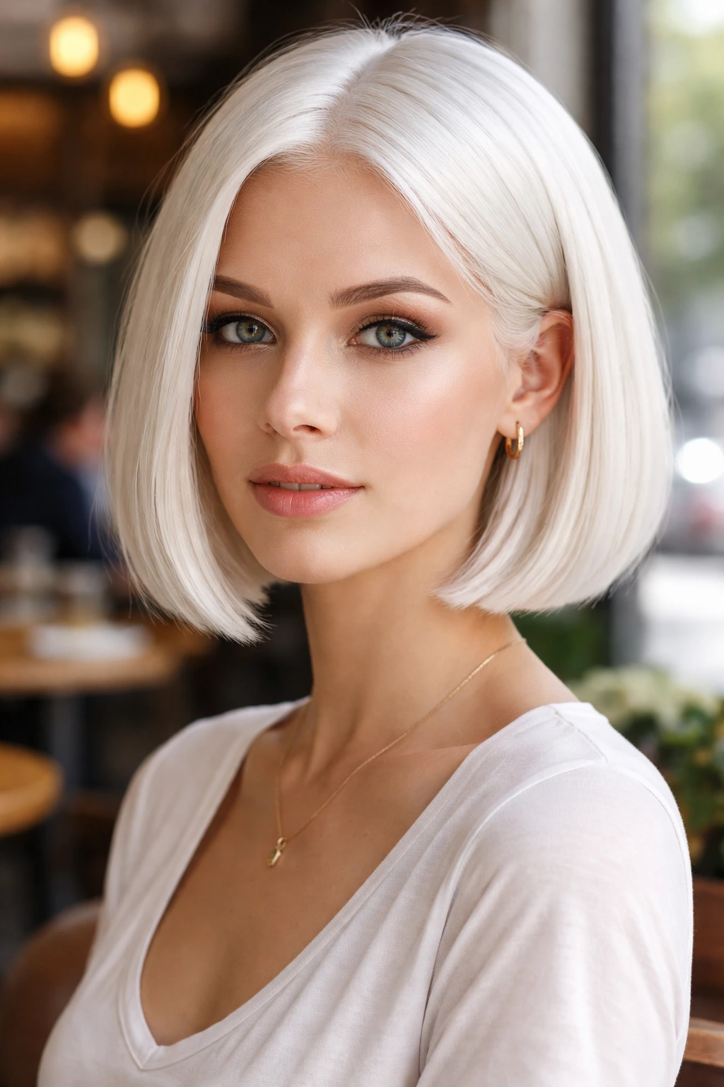 Close-up portrait of a person with a crisp white-blonde bob in natural daylight.