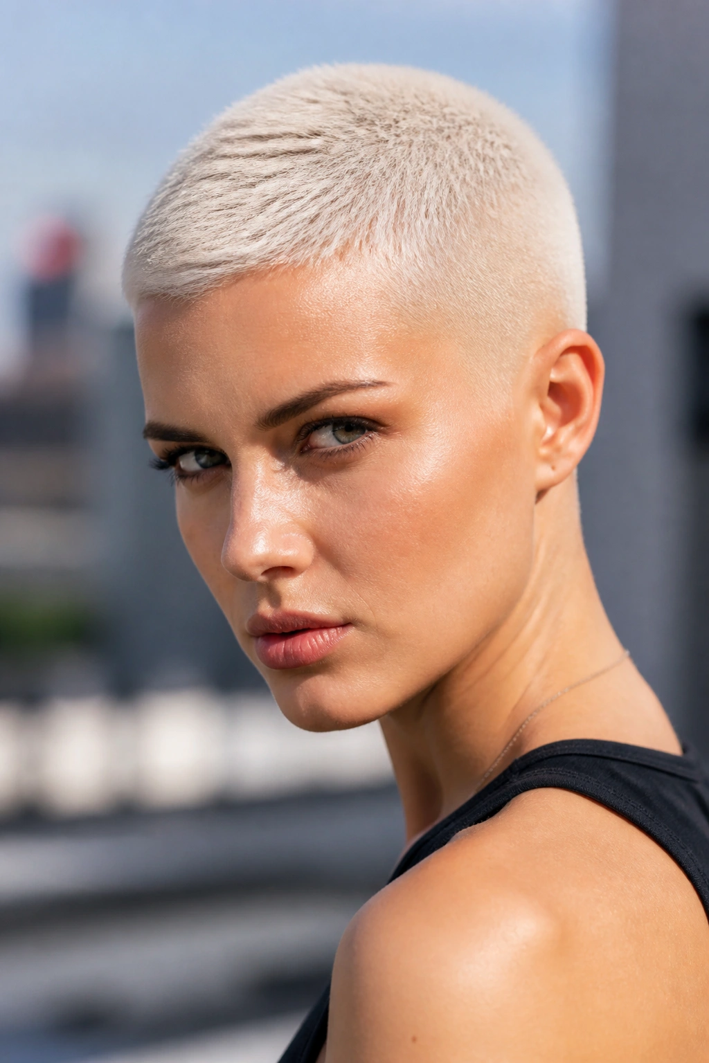 Close-up of a real person with a white-blonde buzz cut in an outdoor urban setting