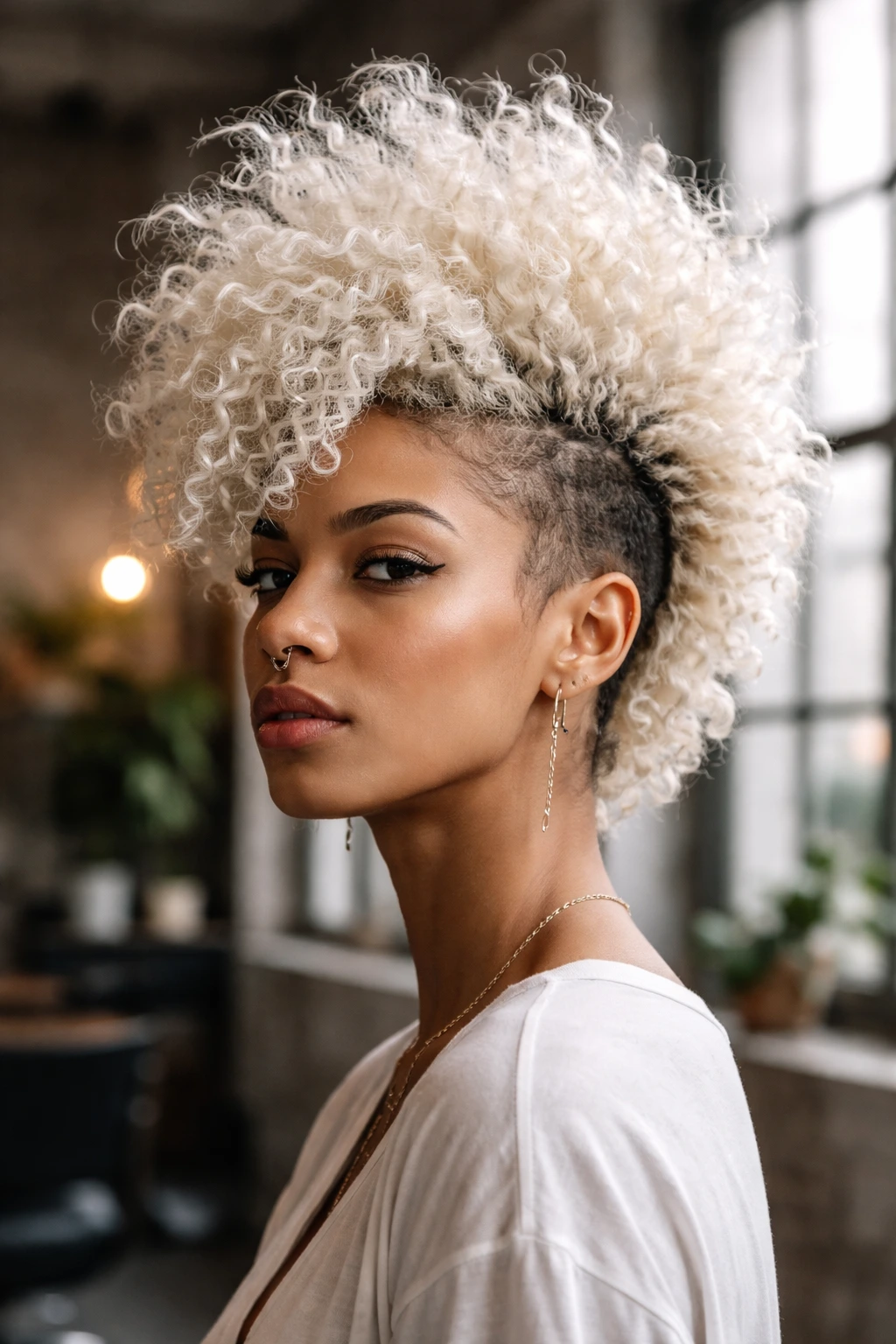 Close-up of a real person with white blonde frohawk