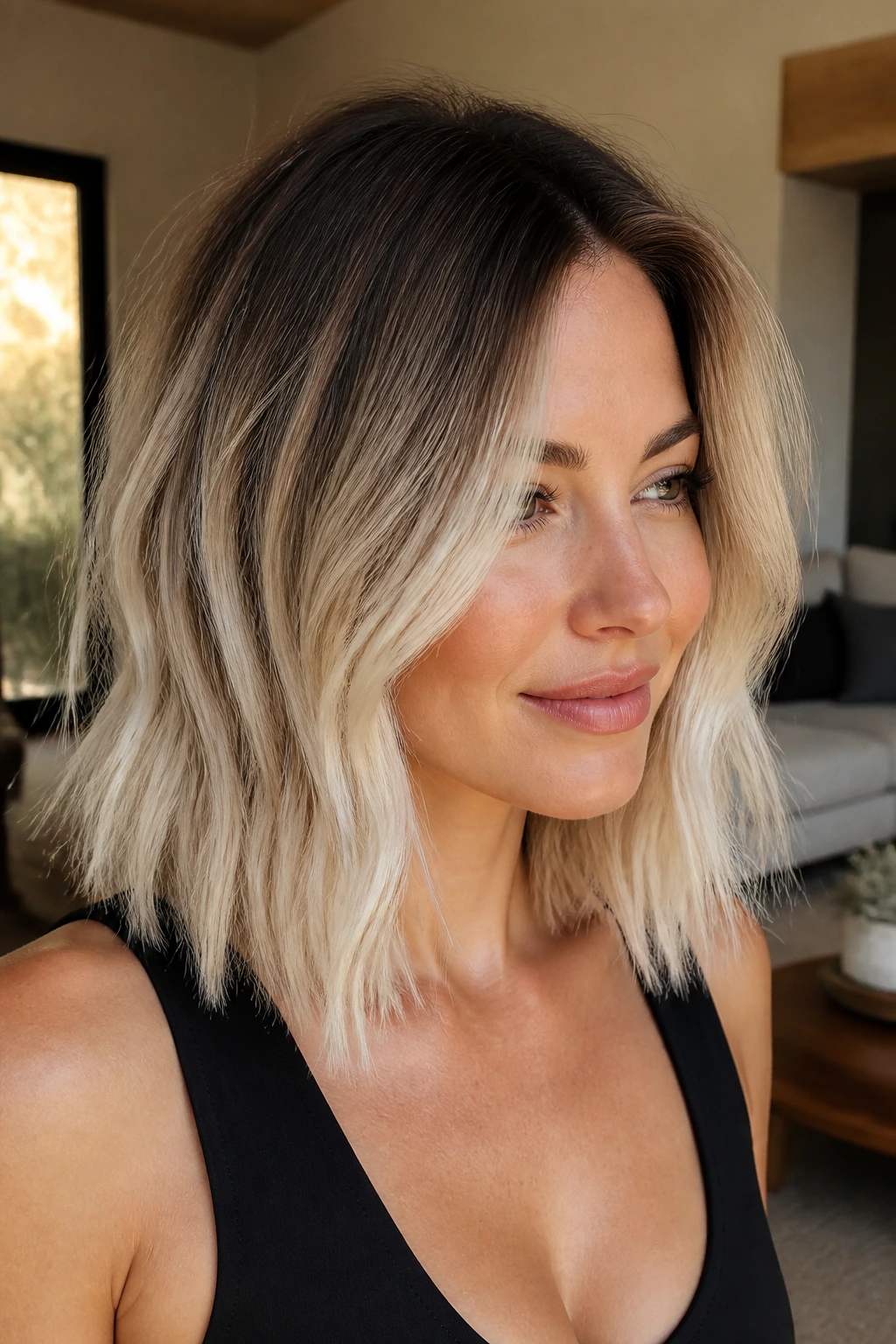 Portrait of a real person with white blonde lob and cocoa root melt in warm indoor light.