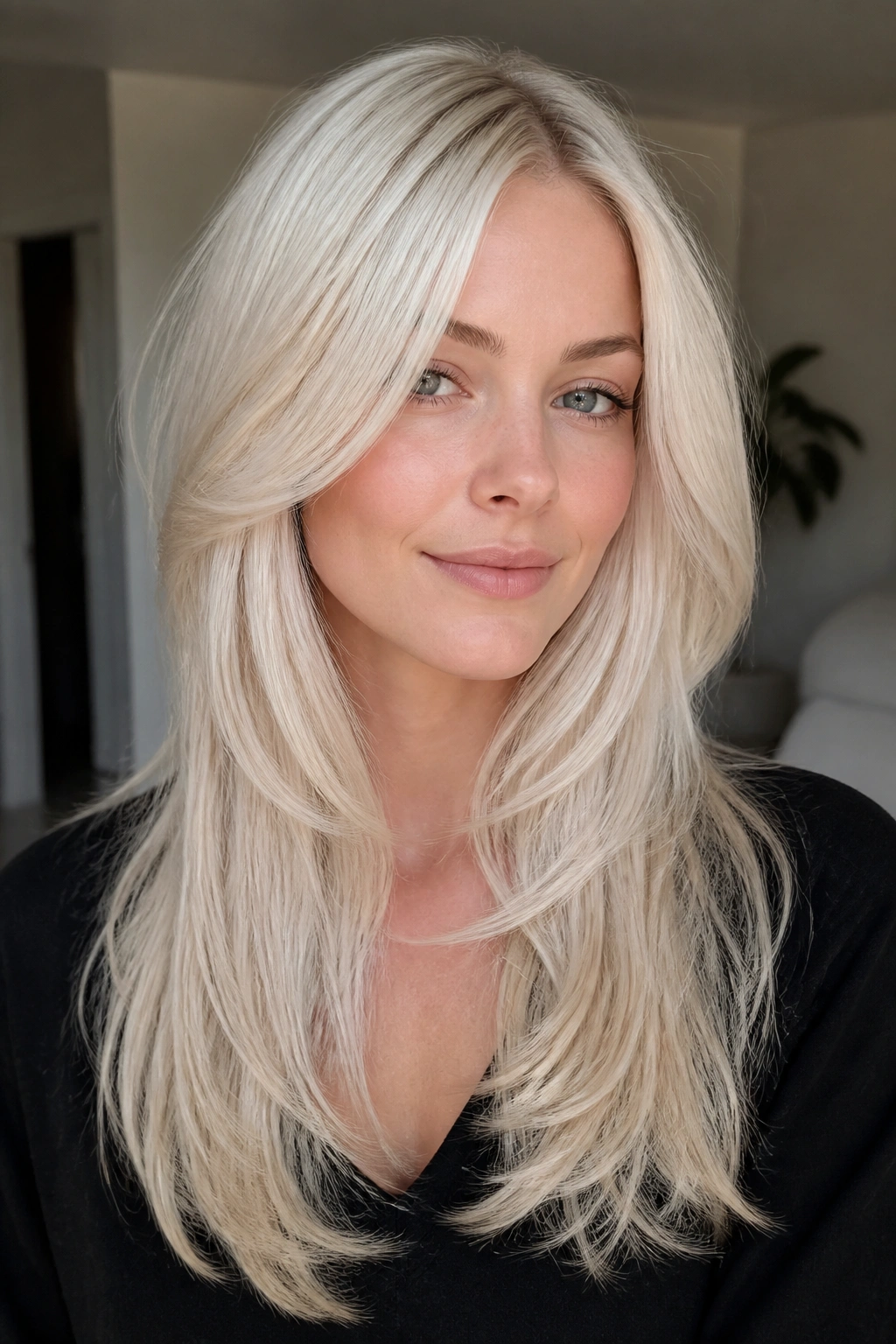 Close-up of a real woman with long layered white blonde hair