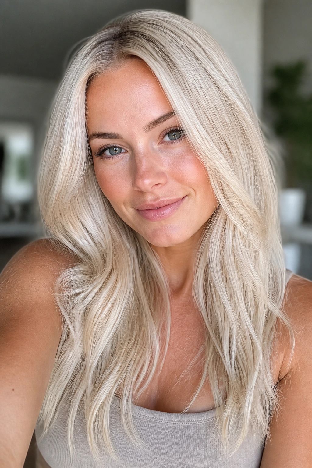 Close-up of a real woman with white blonde hair and micro-babylights