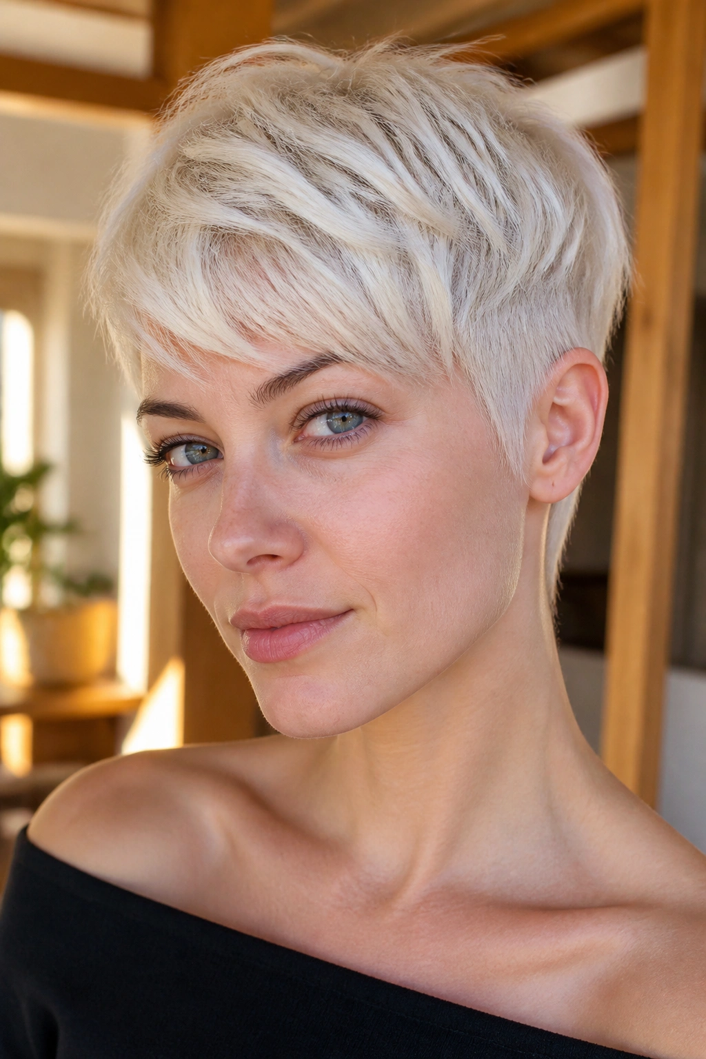 Close-up portrait of a real woman with a white blonde pixie cut.
