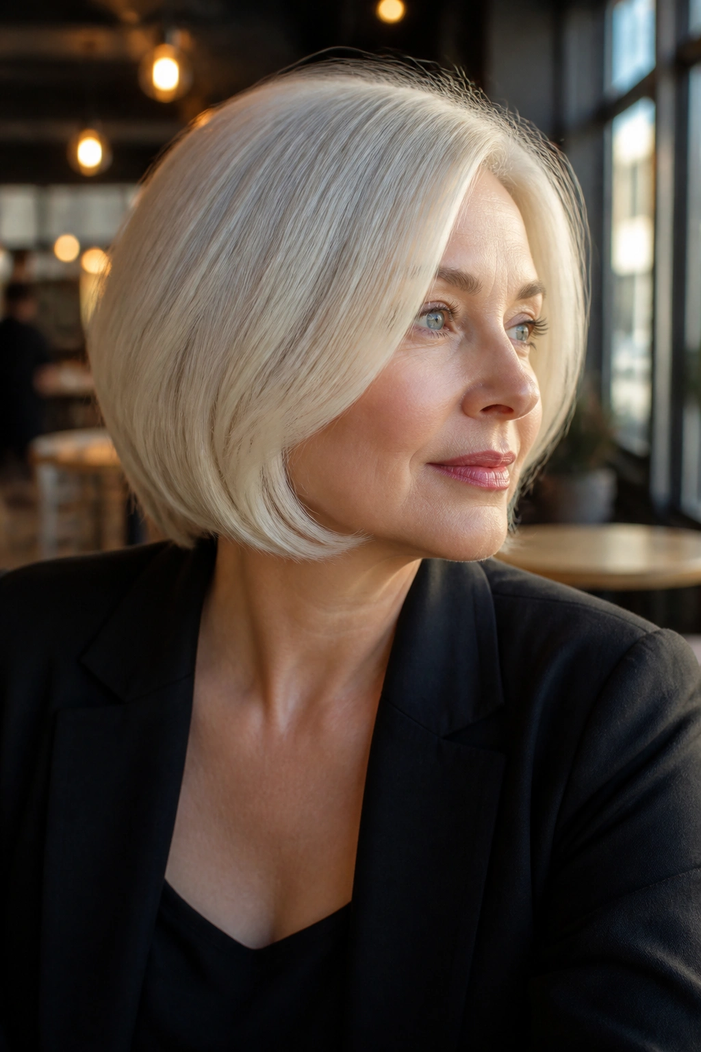 Head-and-shoulders portrait of a real woman with a white blonde rounded bob