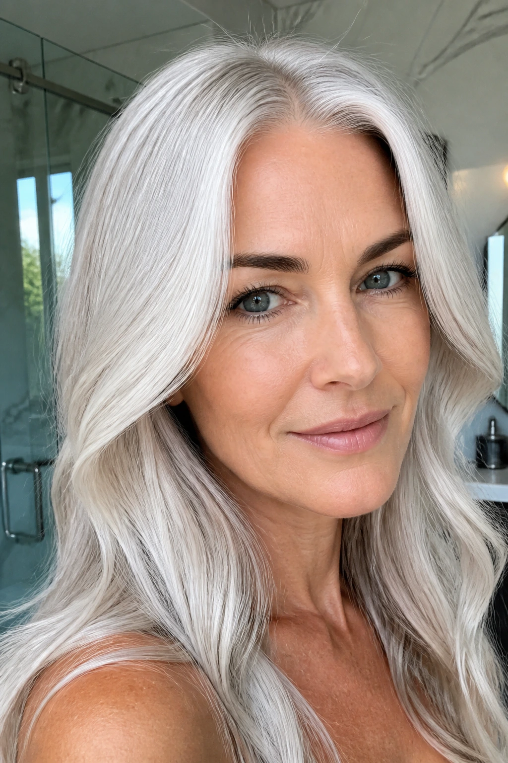 Close-up of real woman with white blonde hair and silver gloss