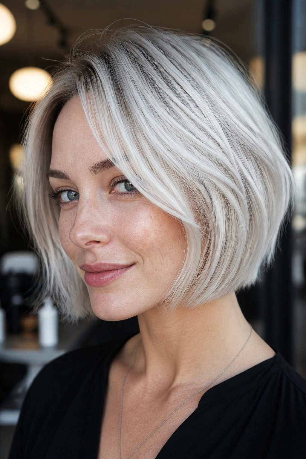 Close-up of a real woman with white blonde bob and silver lowlights under the crown