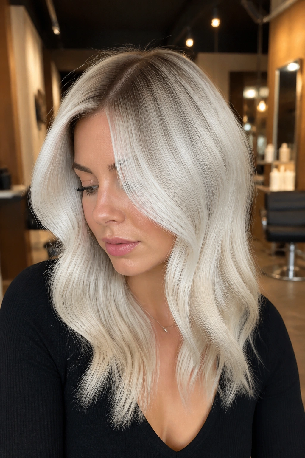 Close-up of a real woman with white blonde hair and smoky shadow root in a warm salon setting