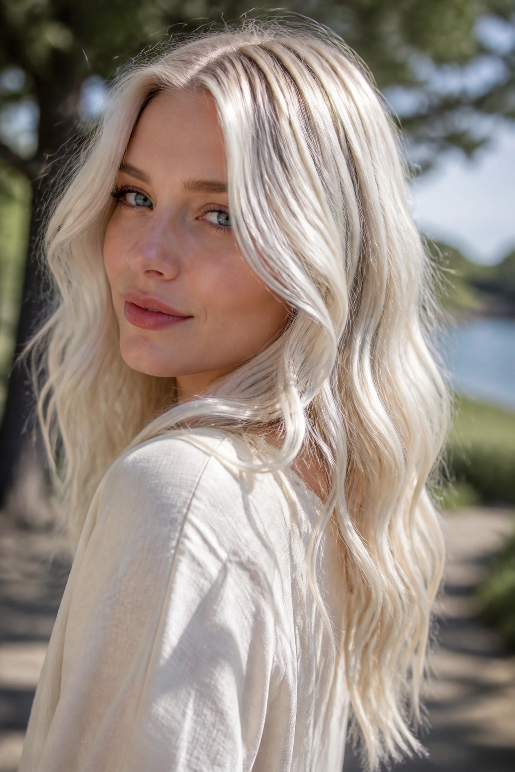 Close-up portrait of a real woman with white blonde waves and dimension.