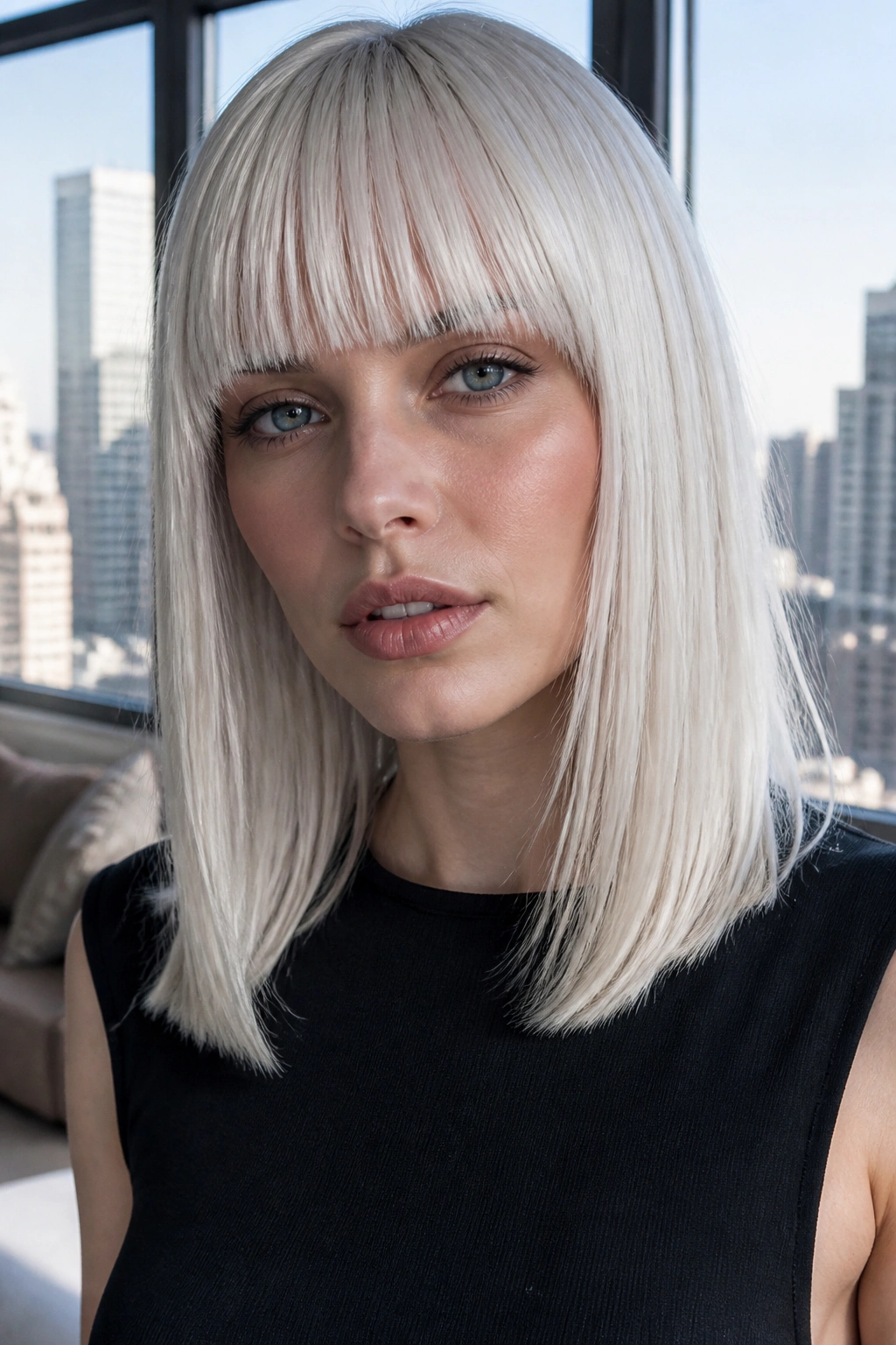 Real person with sleek blunt white bangs in a modern window-lit setting