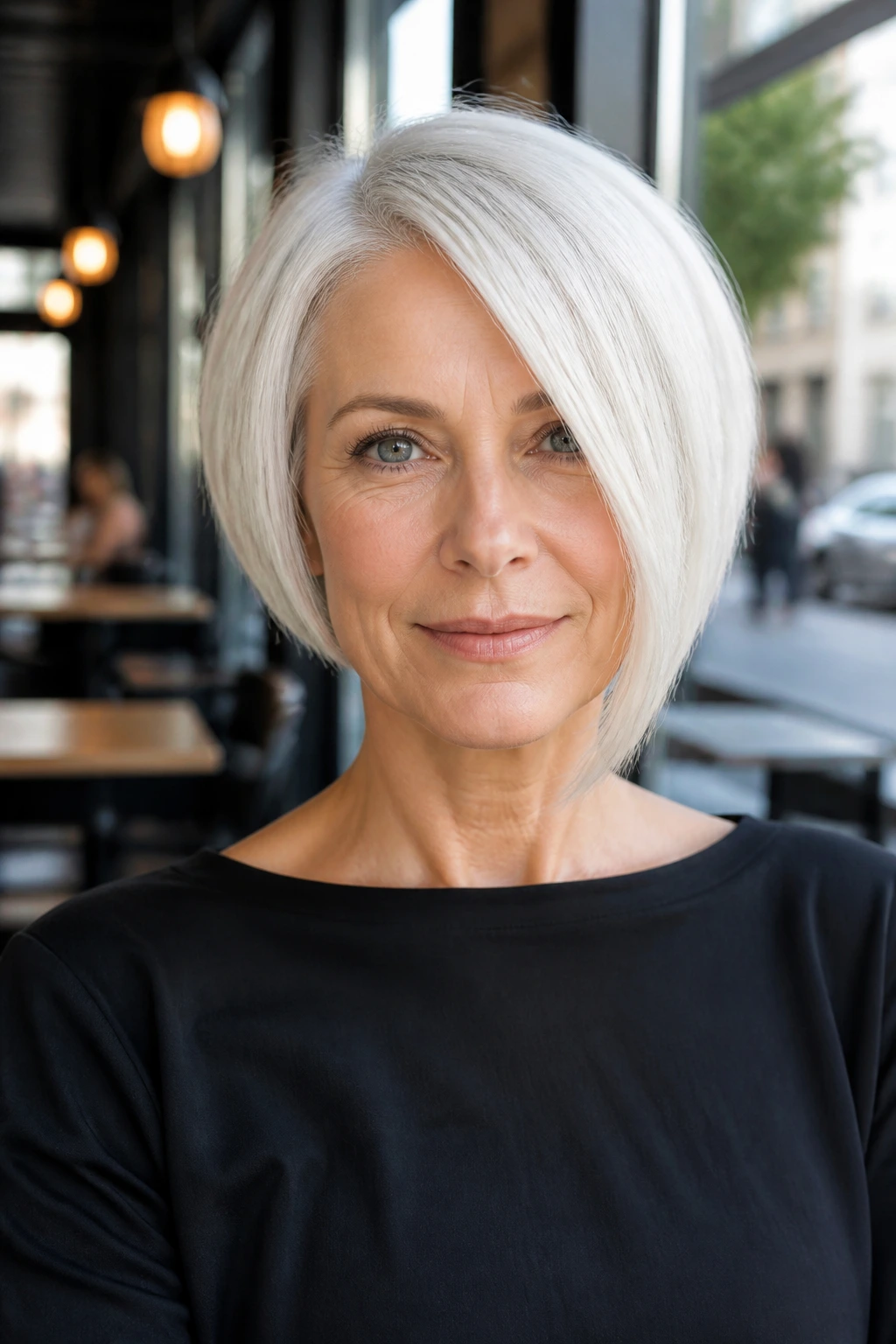 Portrait of a woman with asymmetrical white bob showing a slight longer side.
