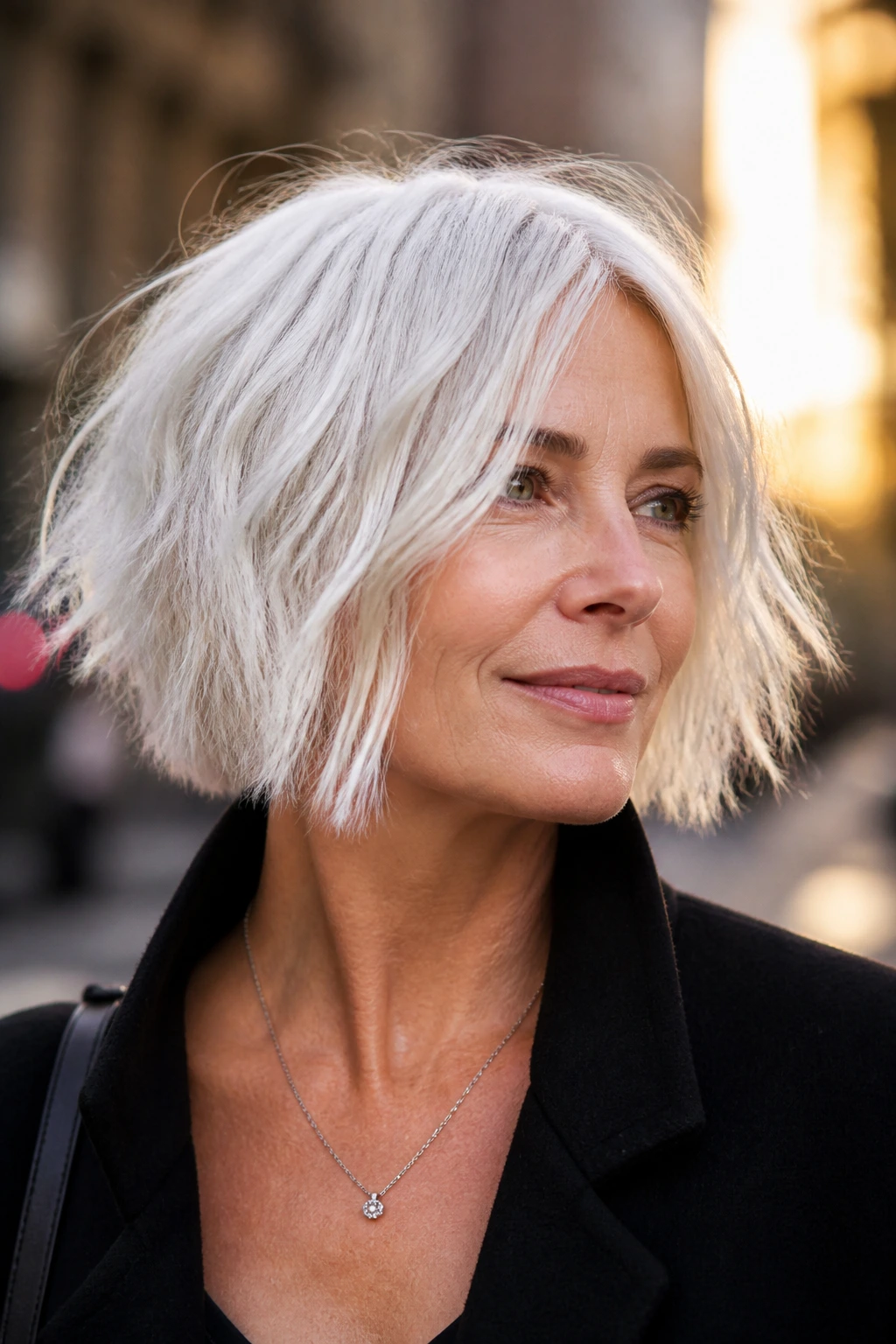 Portrait of a woman with a choppy textured white bob in urban golden hour light.