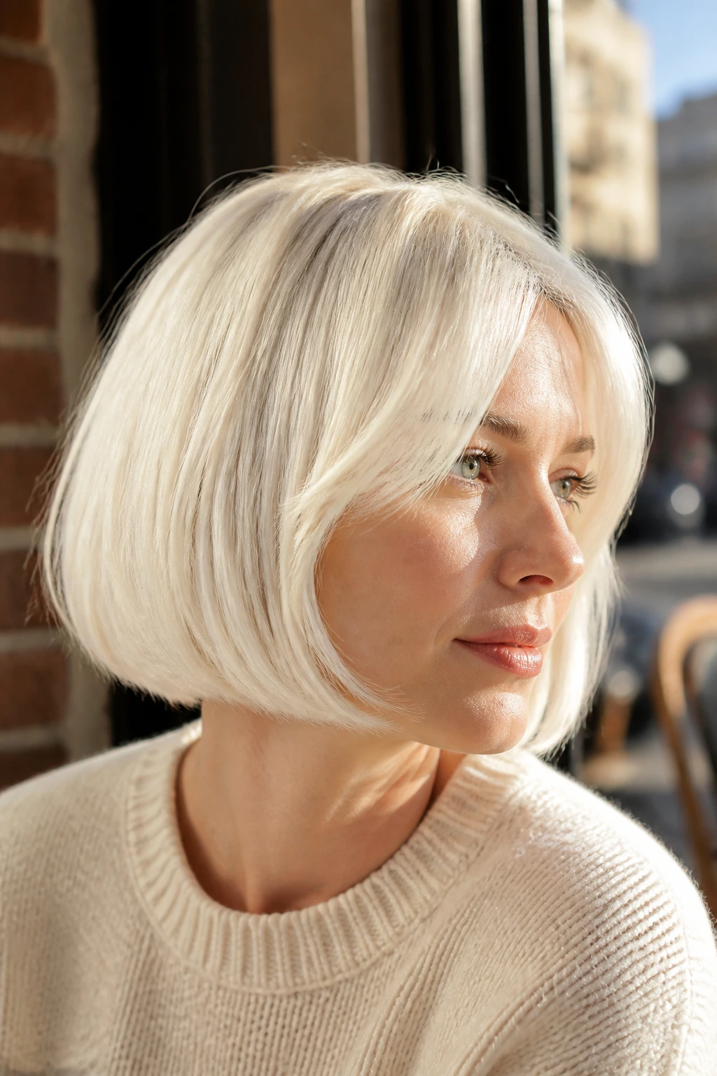Close-up of a real woman with platinum white curtain-bang bob in a sunlit cafe.
