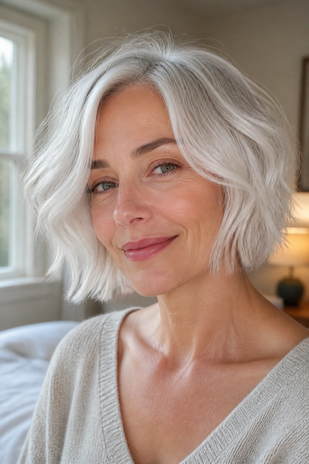 Close-up of a real woman with a wavy white bob and piecey ends in natural daylight
