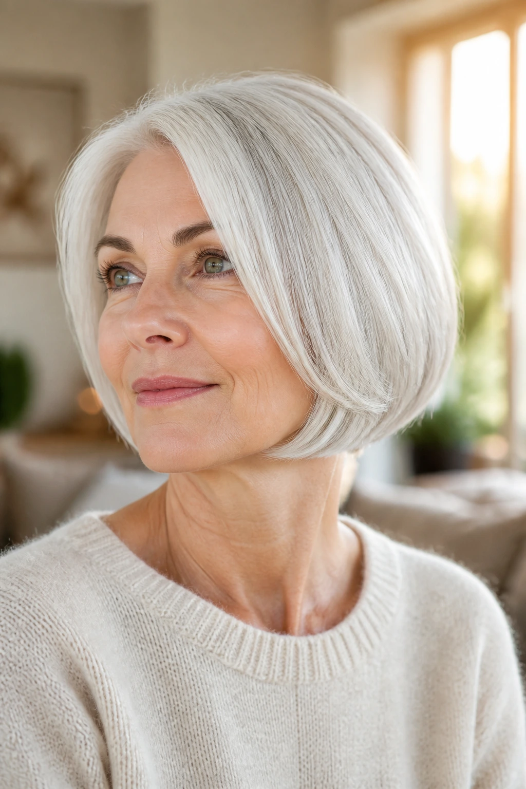 Close-up of a real woman with a rounded bob and full outline in bright natural light.