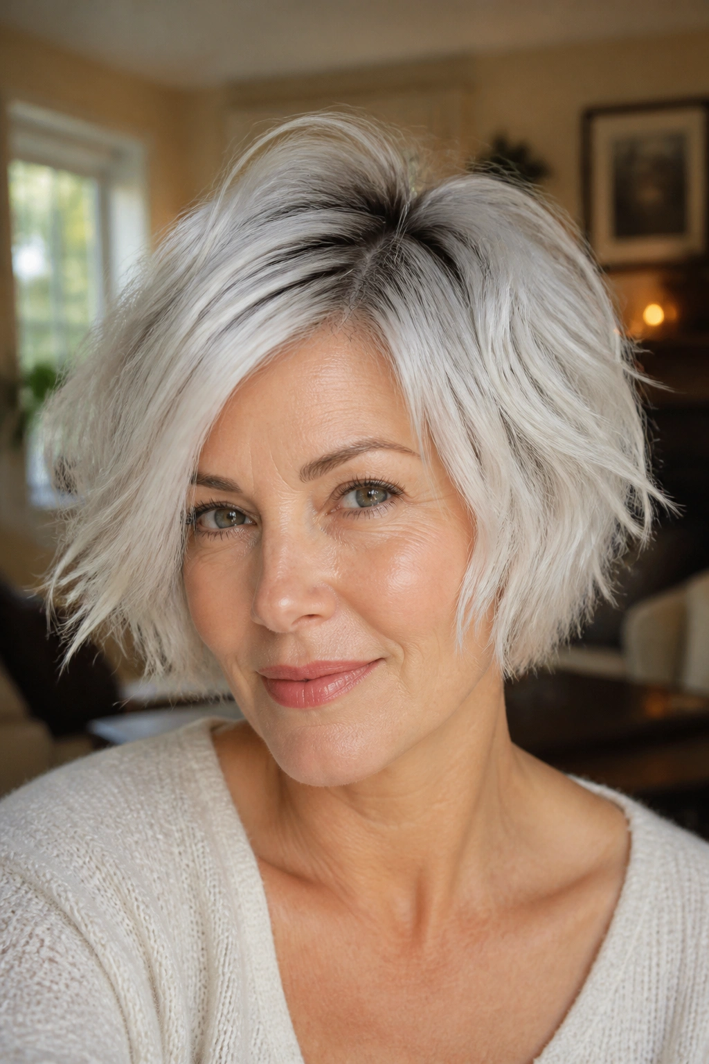 Close-up portrait of a real woman with a tousled white bob and shadow root