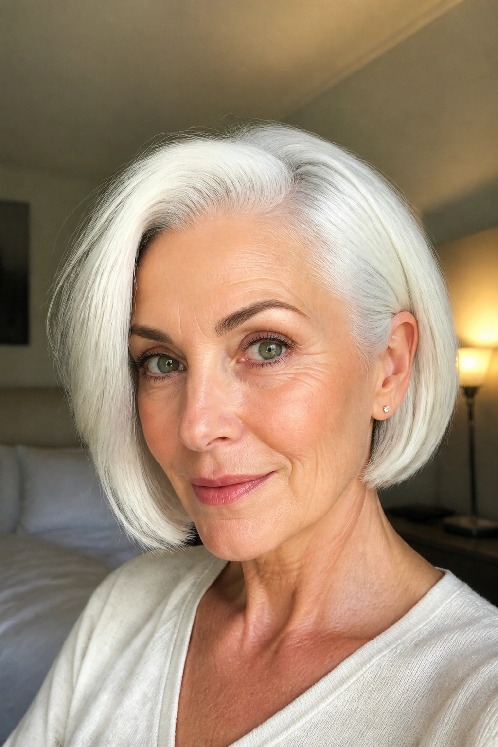 Close-up portrait of a real woman with a side-part white bob tucked behind one ear in warm window light.