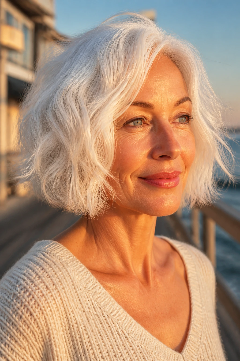 Portrait of a woman with a wavy white bob and loose ends by the seaside at golden hour.