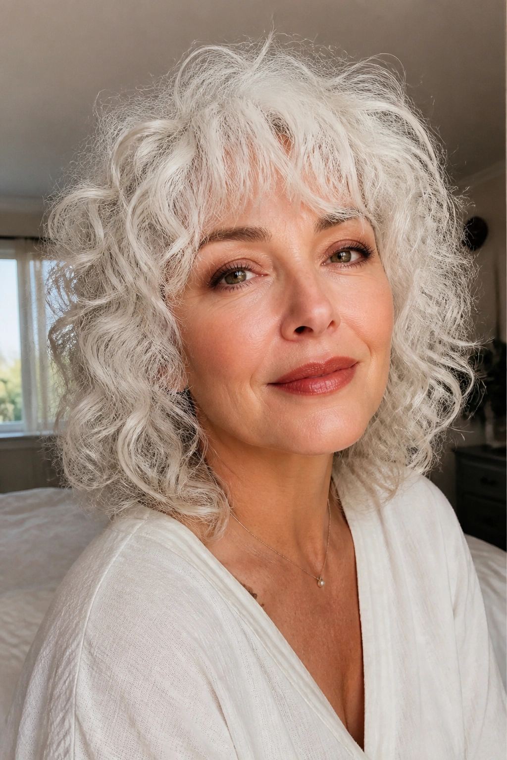 Close-up portrait of a real woman with white curly bangs framing the cheeks in soft natural light
