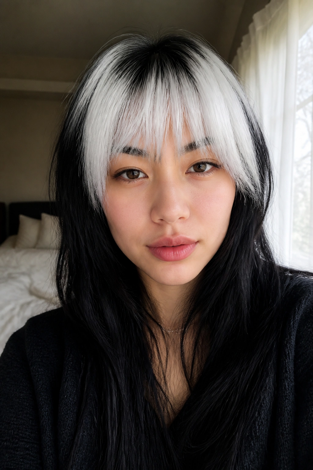 Close-up of White Fringe on Black Lengths with Dark Root Shadow on a real person
