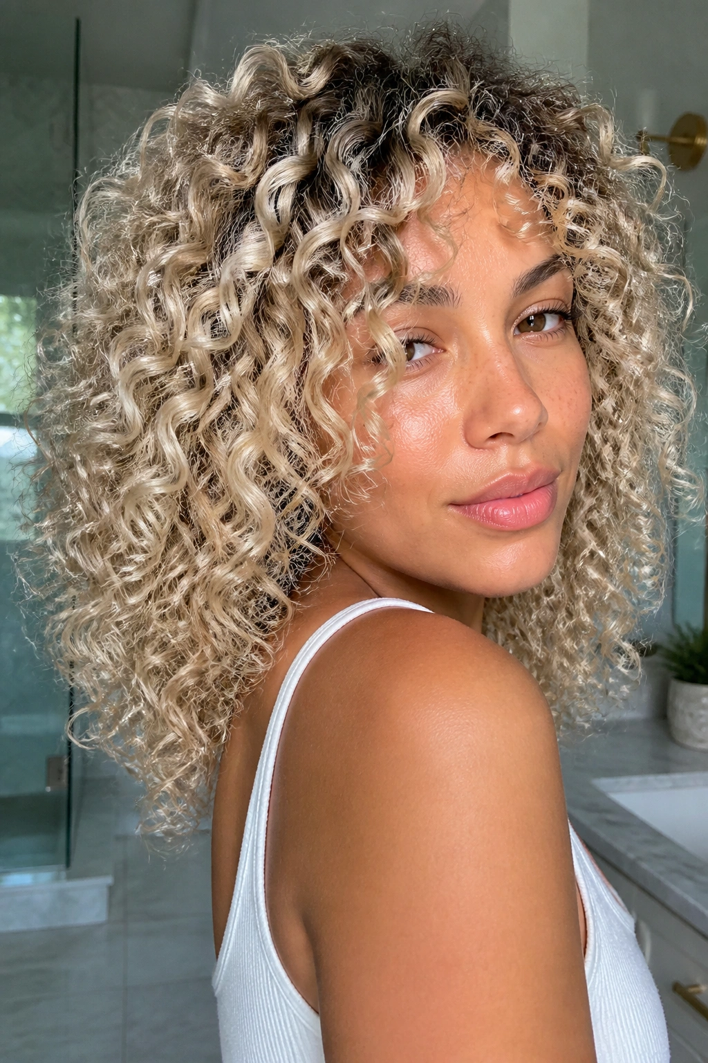 Close-up of a real woman with white gold blonde curls and high-contrast roots