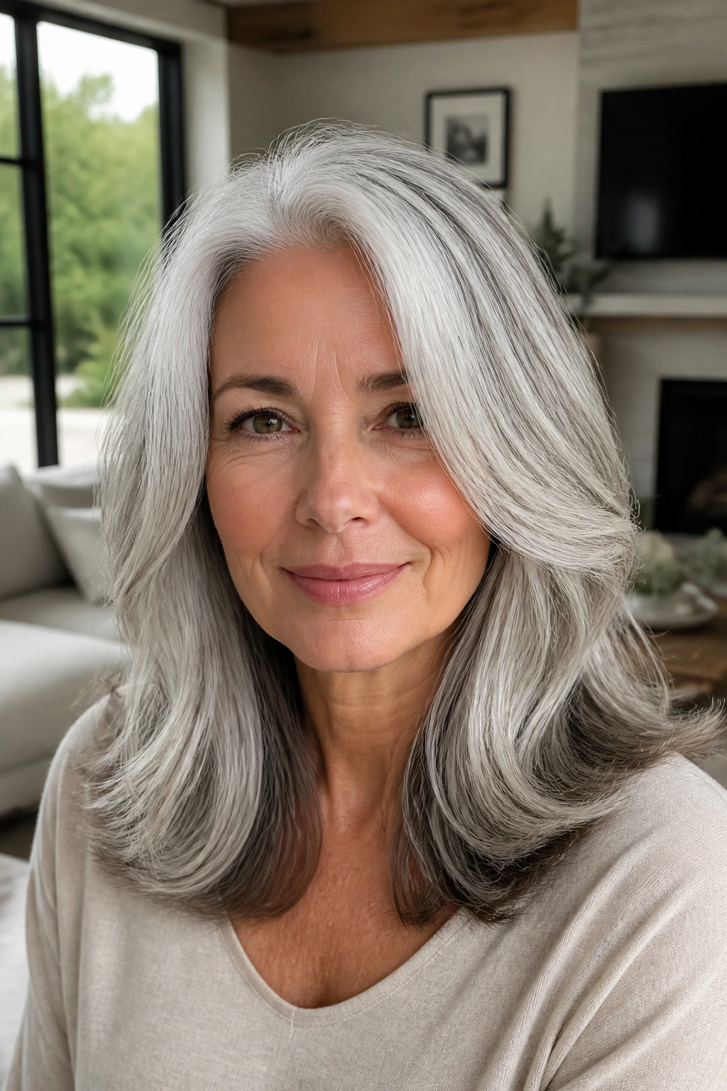Close-up of a real woman with White-Gray Melt and dimensional lows in daylight