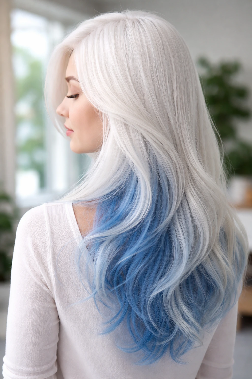 Close-up of white hair with blue underlights at the nape
