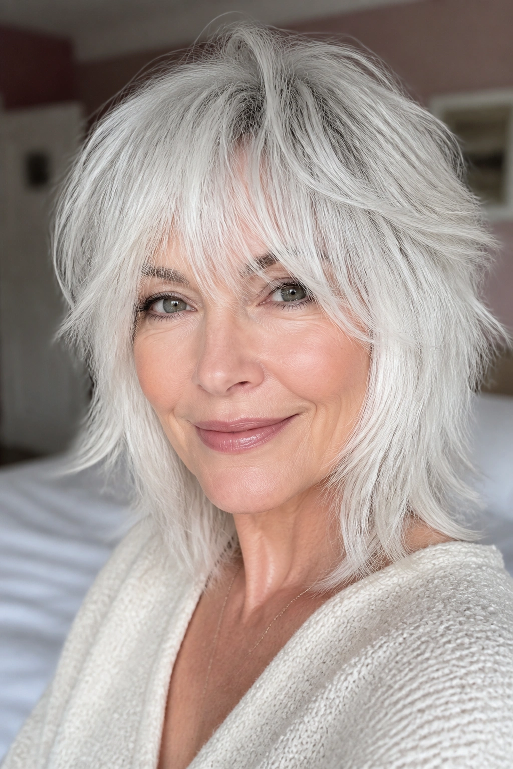 Close-up of a real woman with a white shag hairstyle featuring shattered layers and curtain bangs.