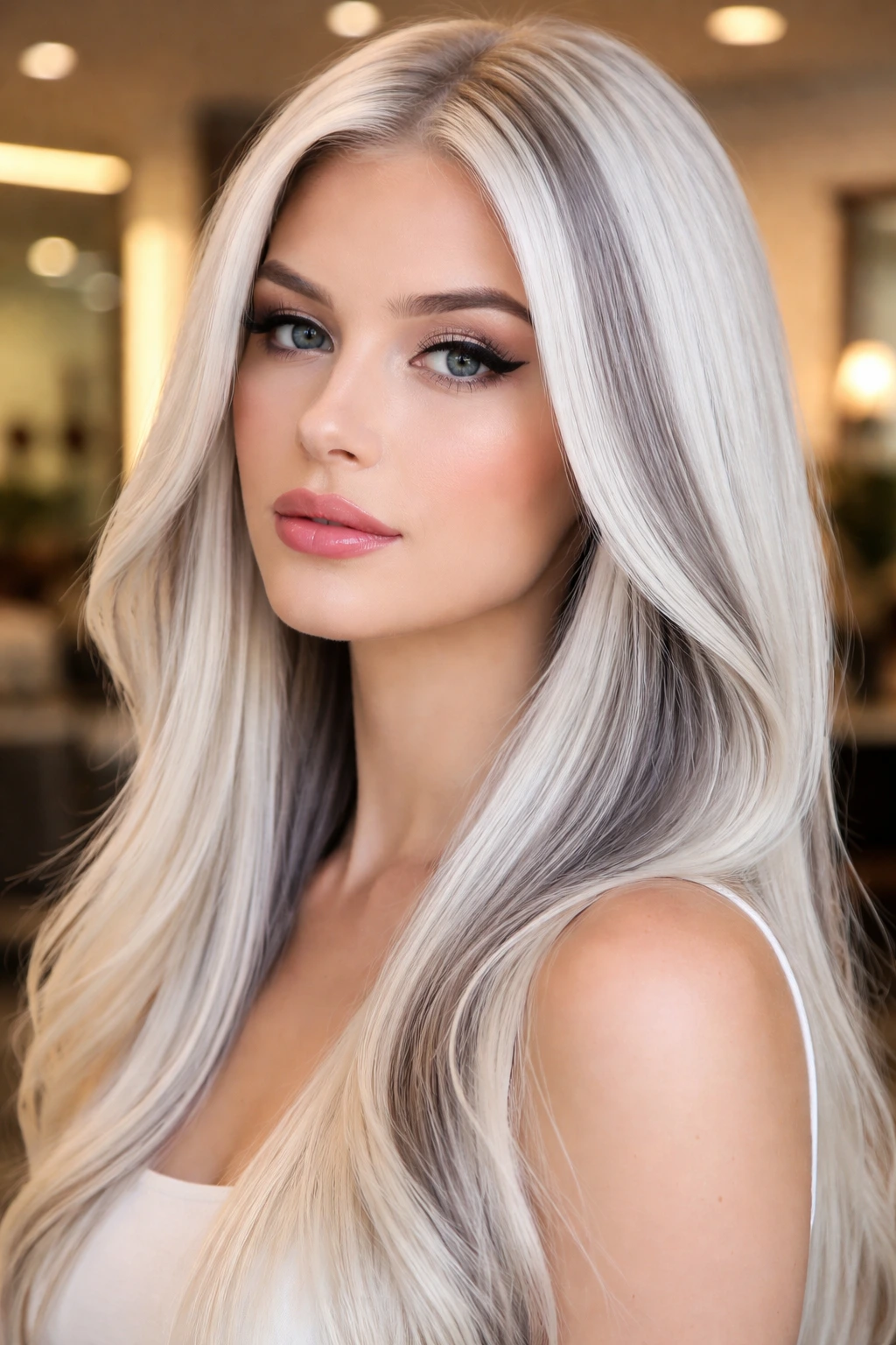 Close-up of white hair with silver money pieces framing the face