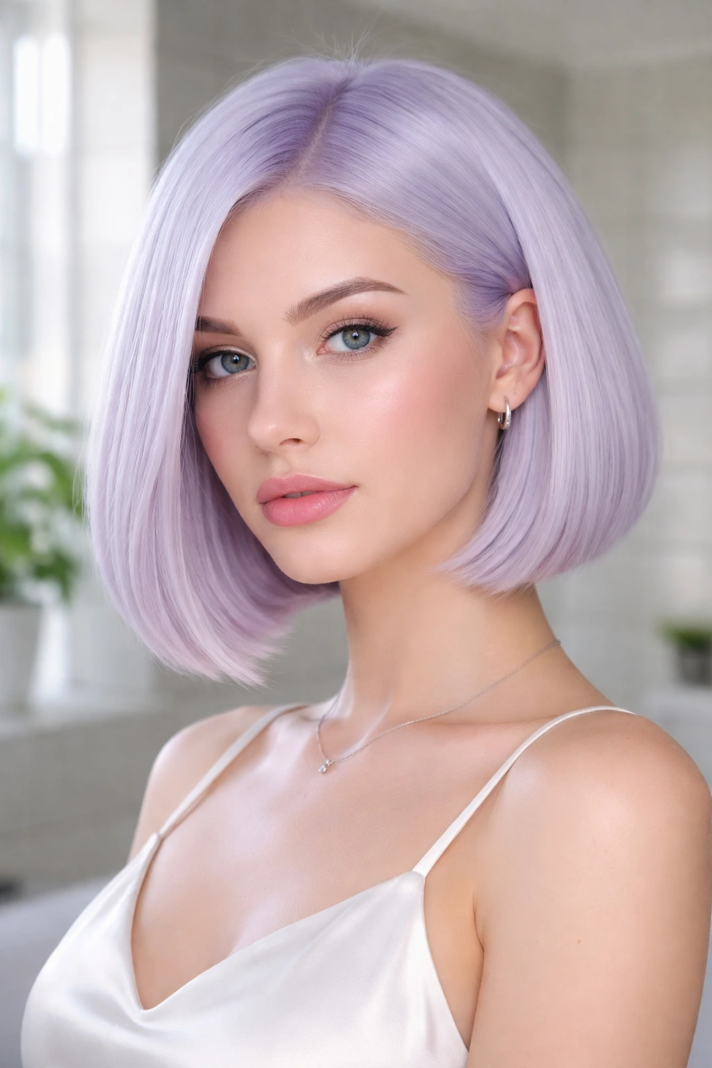 Portrait of a real woman with a white lilac blunt bob.