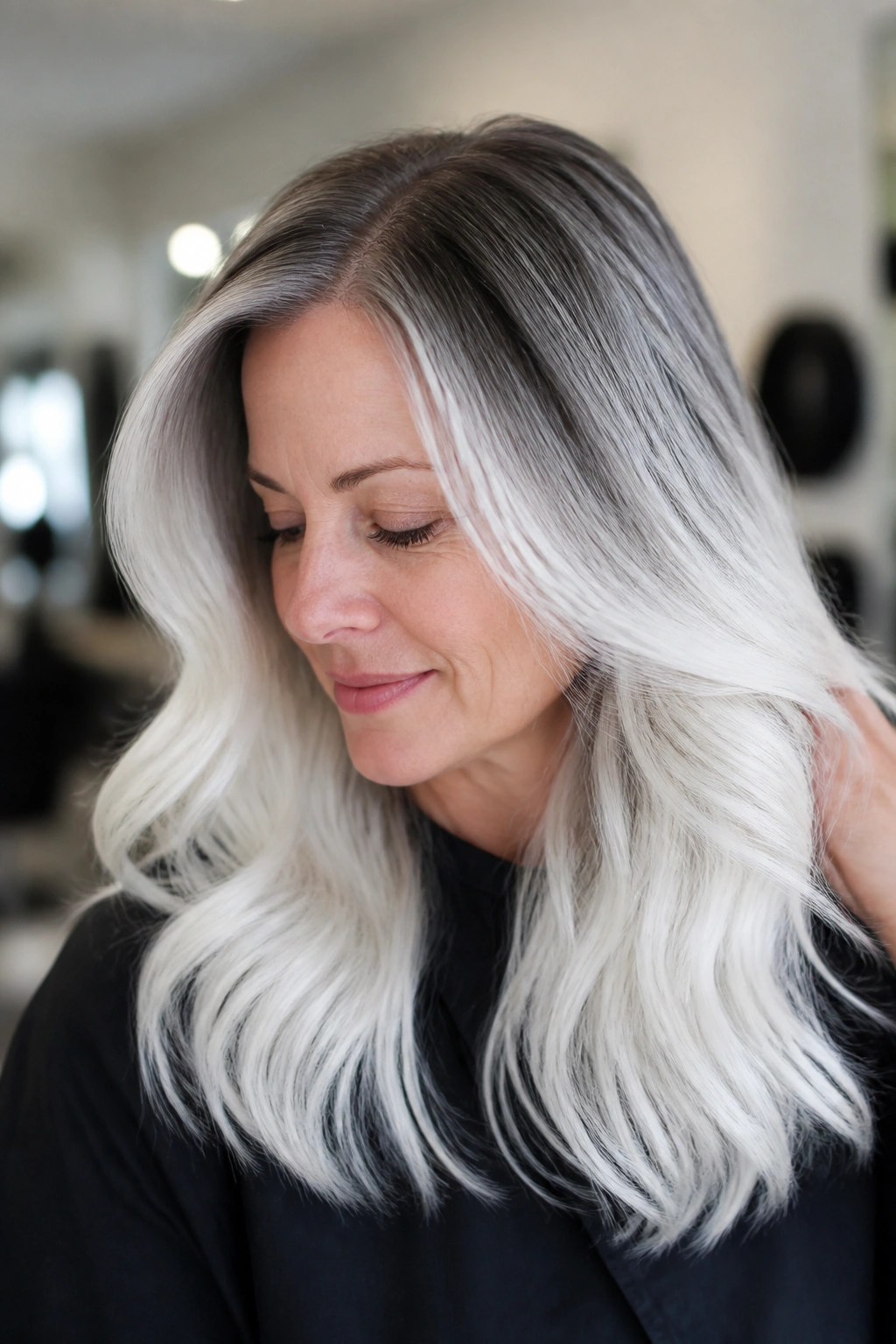 Close-up of white ombré from ash roots on a real person.