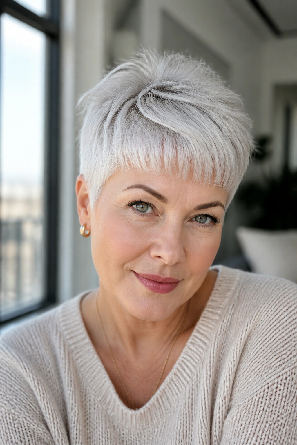 Close-up of a real person with white pixie bangs and a high crown on a bright interior