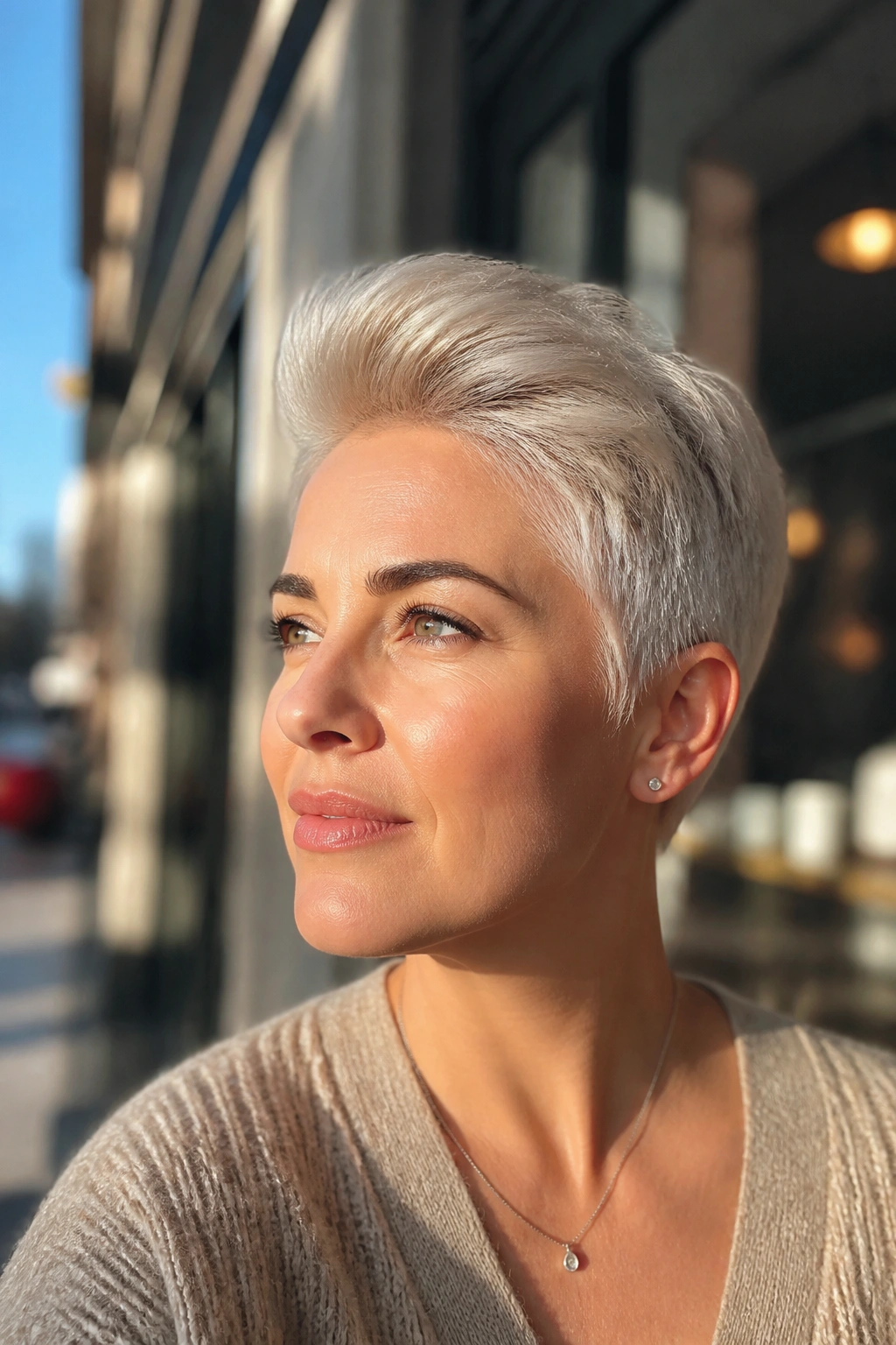 Close-up of a real woman with a white-platinum pixie and longer crown