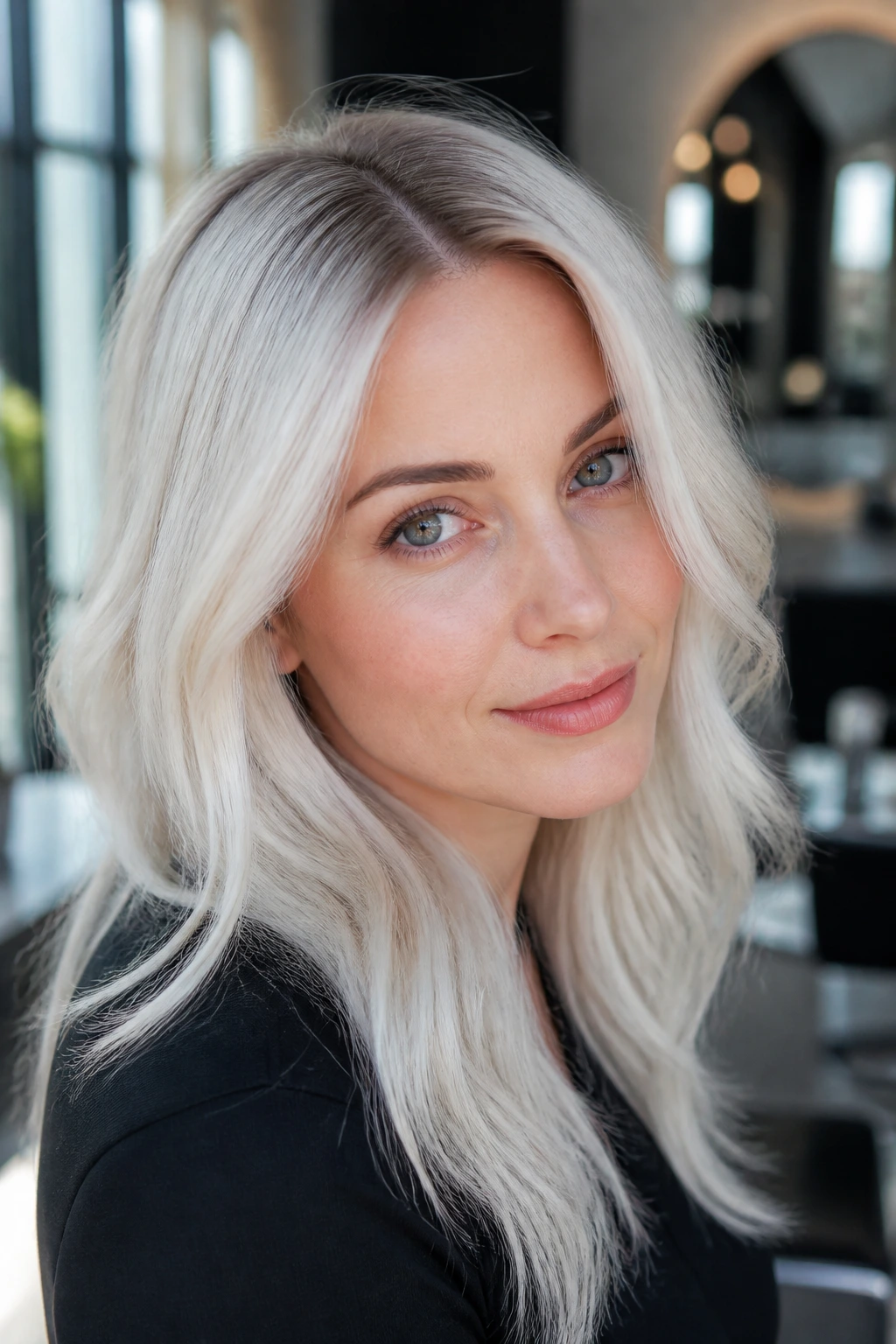 Close-up portrait of a real person with white platinum hair and a soft shadow root.