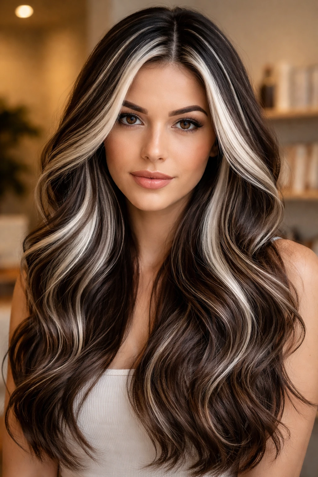 Close-up of cool-toned white ribbon highlights woven through brunette hair at the crown