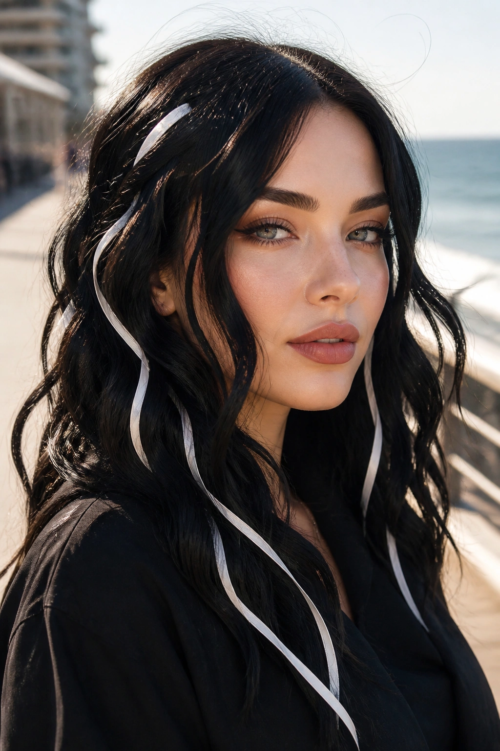 Close-up of a real woman with black wavy hair and thin white ribbons woven through.