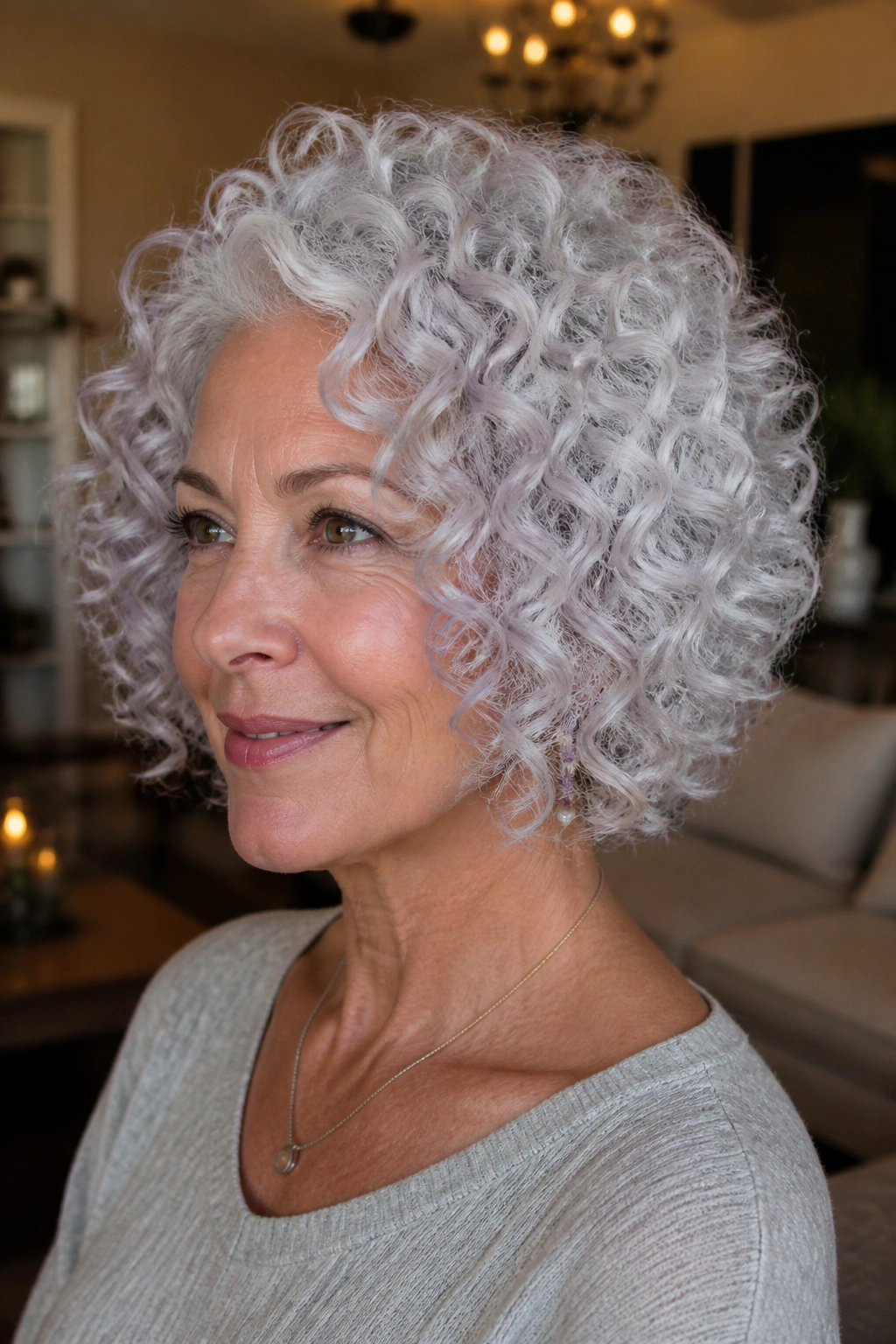 Close-up of white ringlets with translucent toner on a real person.
