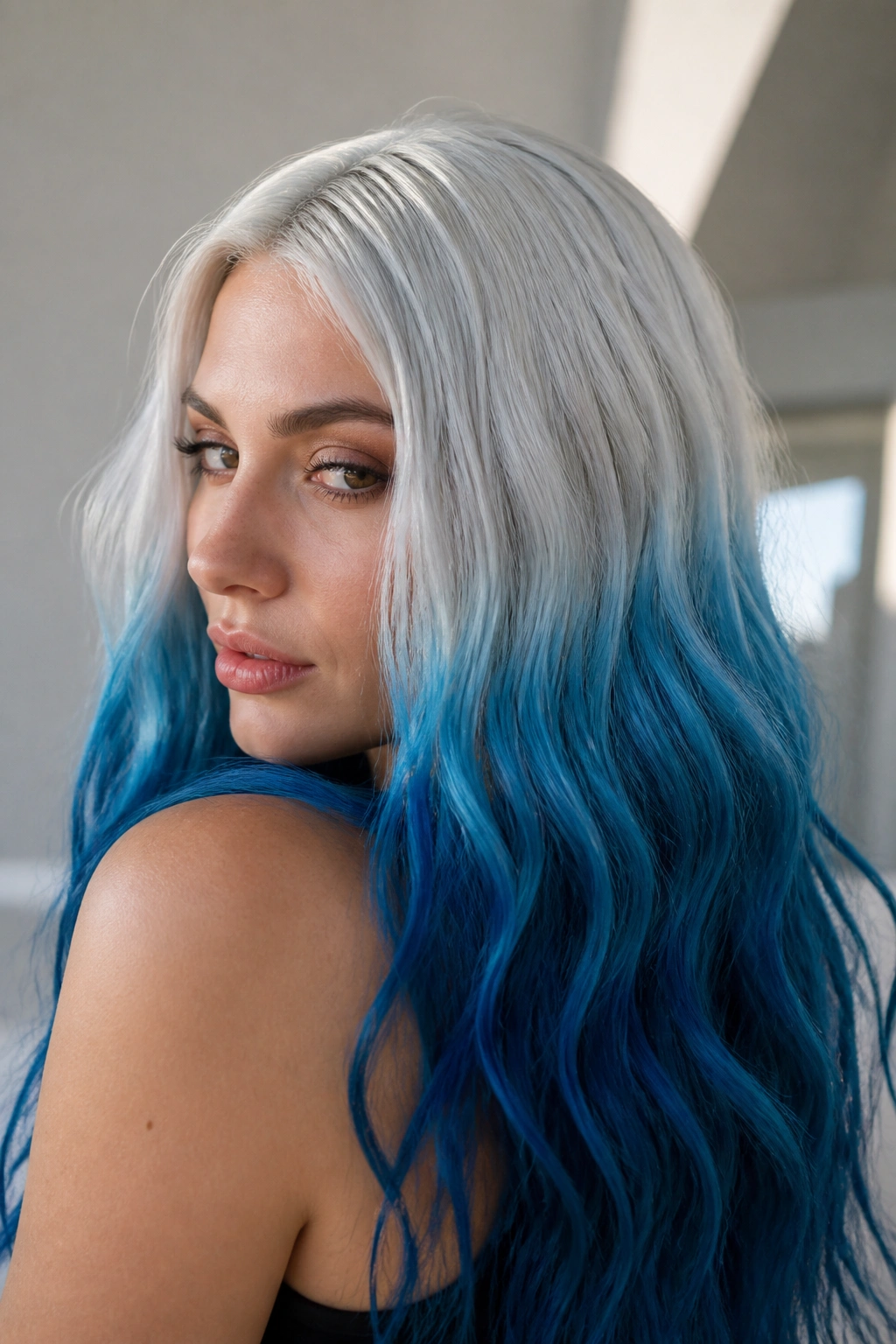 Close-up of long hair with white roots and blue mid-lengths on a real person.