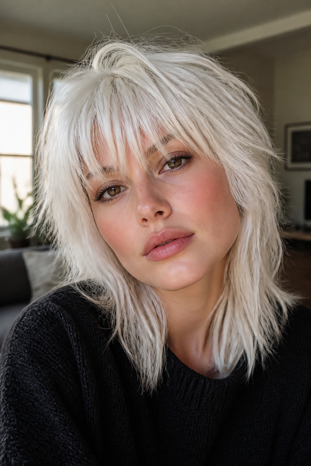 Close-up of a real person with white shag bangs, choppy layers and movement in a cozy window-lit room