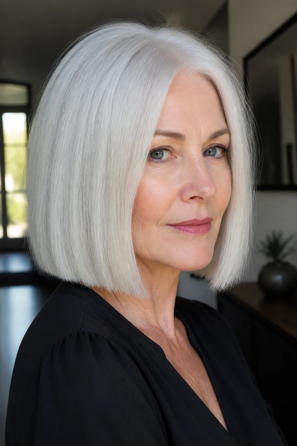 Close-up of real person with a crisp white-silver blunt cut