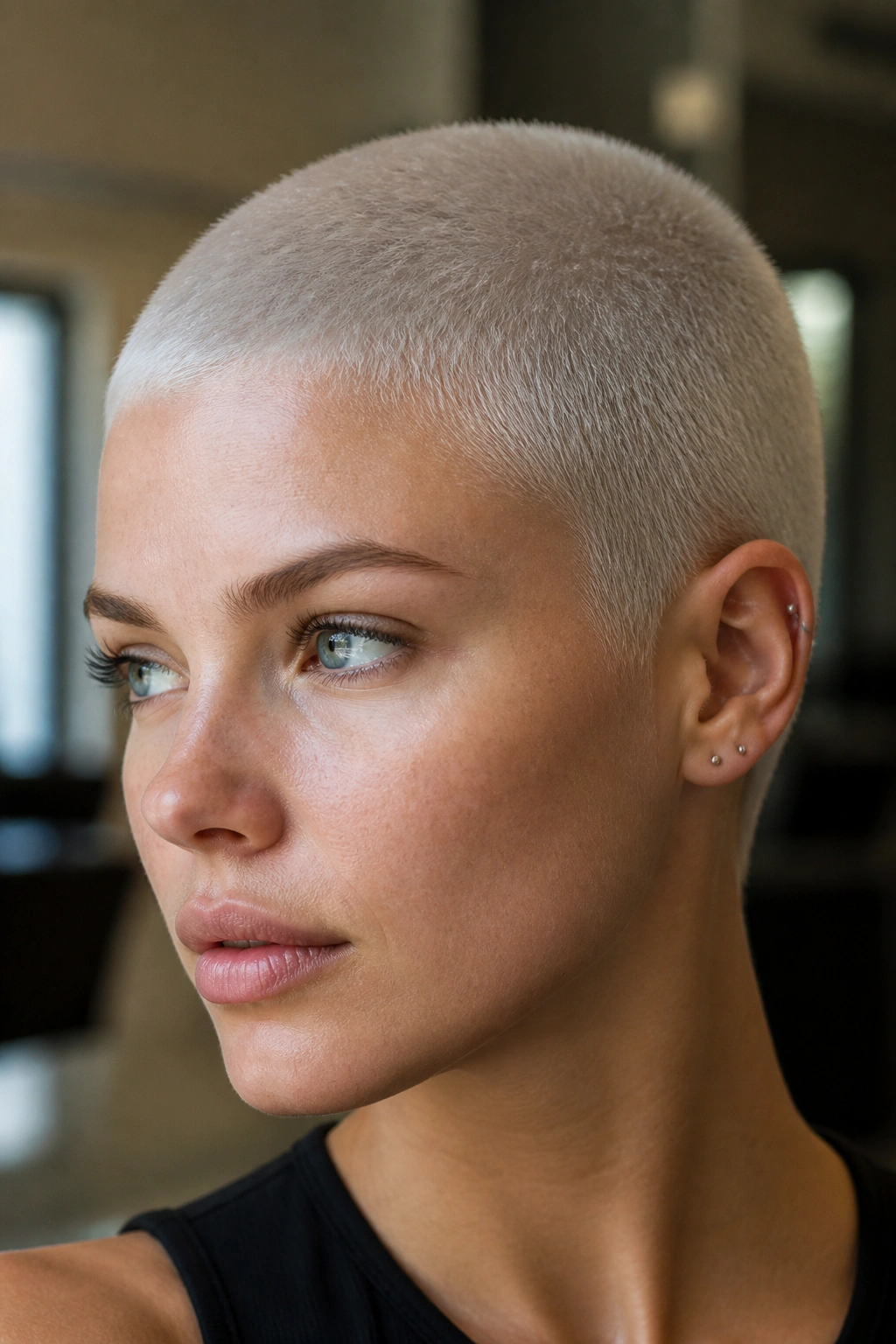 Close-up of a real person with white-silver buzz cut and visible scalp