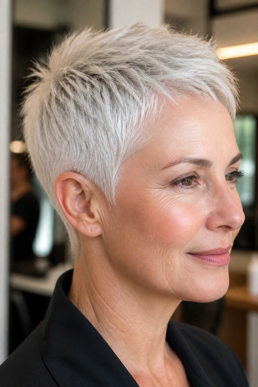 Close-up portrait of a real woman with a white-silver cropped hairstyle and tapered nape in a warm salon setting