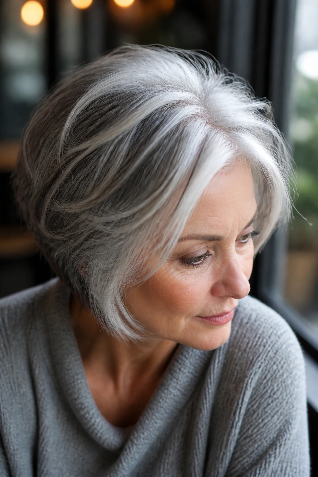 Real woman's hair with white-silver halo highlights around crown