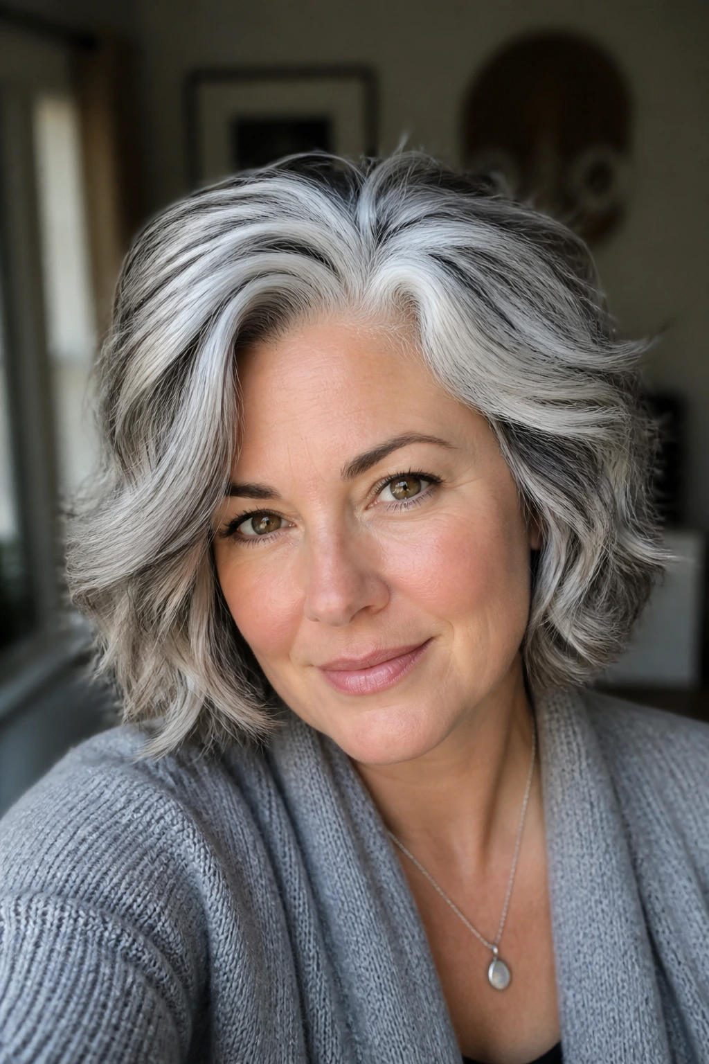 Close-up of a real woman with white-silver halo highlights around the crown.