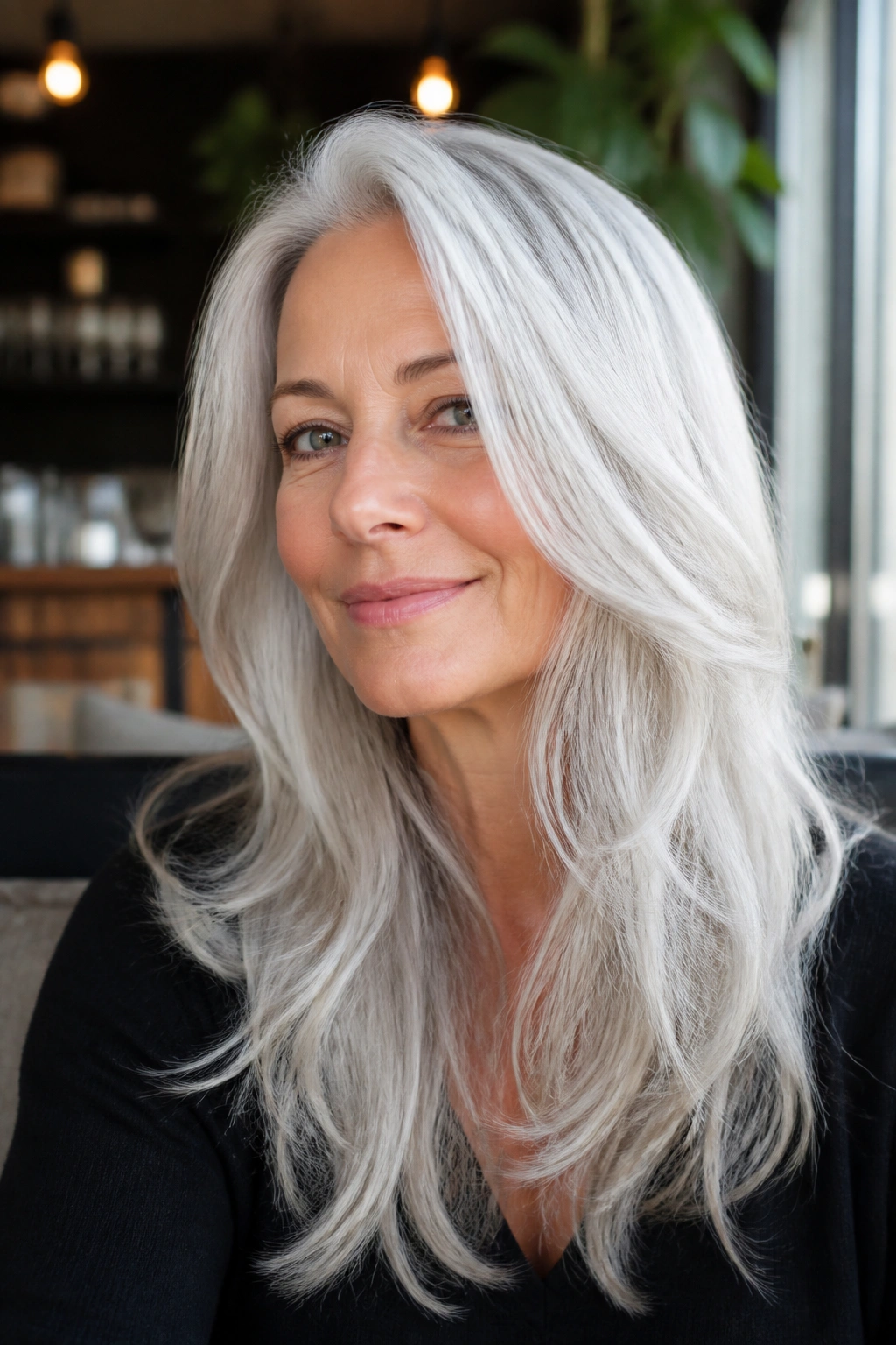 Close-up of a real woman with white-silver long layers hair