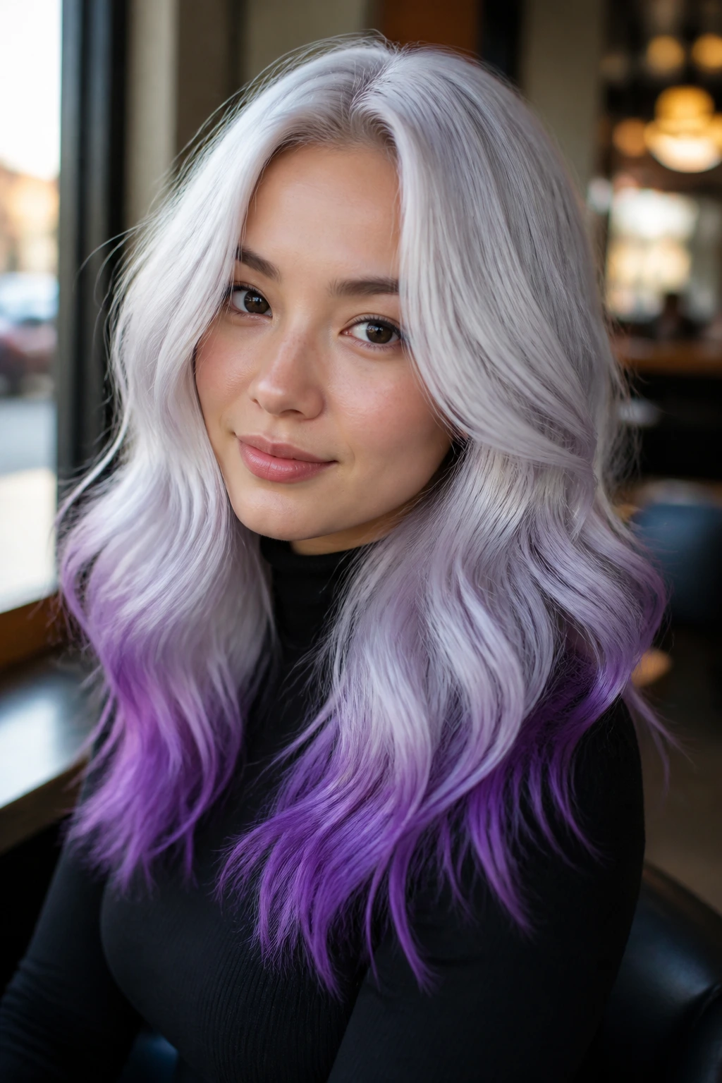 Close-up of a real person with icy white-silver hair and violet tips at the ends