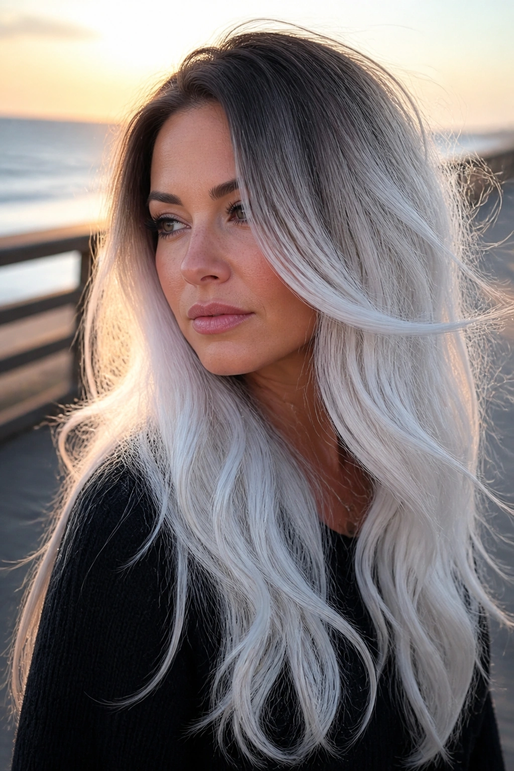 Portrait of a person with charcoal-to-white ombré hair by the sea.